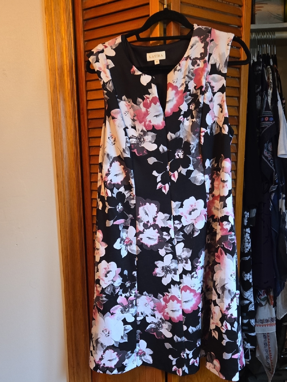 Laura Black Floral Midi Dress with Pink and White Blooms